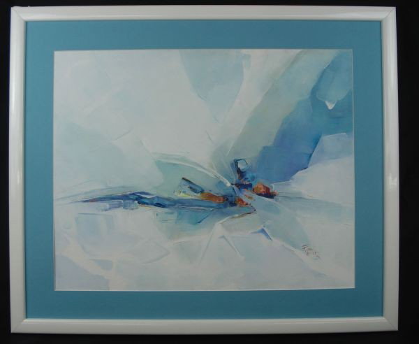 Acrylic on Canvas by Bev Fettig: Acrylic on Canvas by Bev Fettig, signed LR "Fettig", framed with blue matte, 38.25" x 32.25" overall