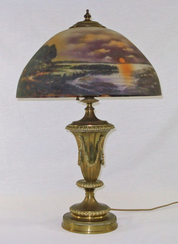 Reverse Painted Shade Lamp: Lamp possibly Pittsburgh resverse painted shade H.21"