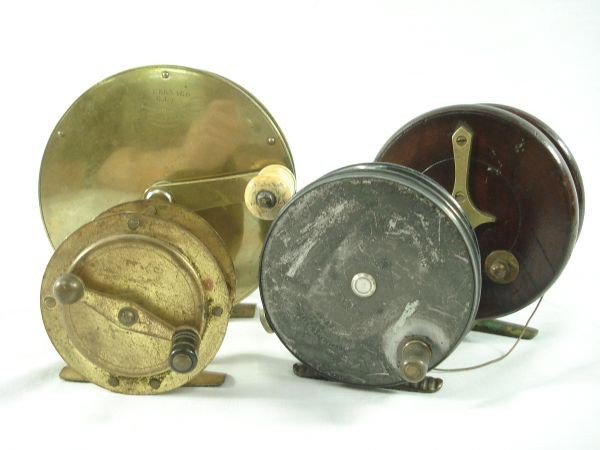Fishing Reels: 4 Vintage Fishing Reels includes brass J.Bernard Maker London, Hardy Bros. Ltd. The "Perfect", one wooden made in England unmarked, The Milbro