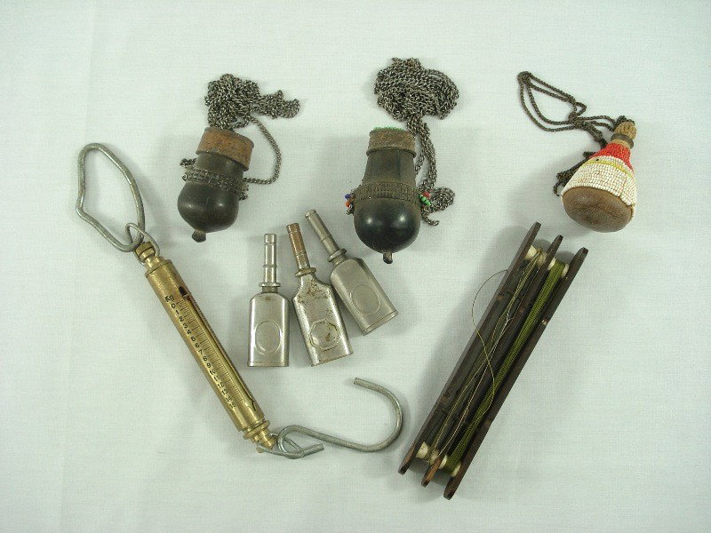 Fishing Accessories: Misc. Fishing Accessories: vintage fishing line, 3 scent lures, 3 reel oilers, vintage fish scale