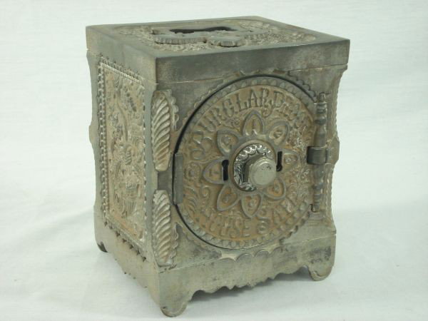 Metal Combination Bank "Burglar Proof House Safe": Metal Combination Bank "Burglar Proof House Safe" H.5'3/4" (Lock is closed; combination unknown)