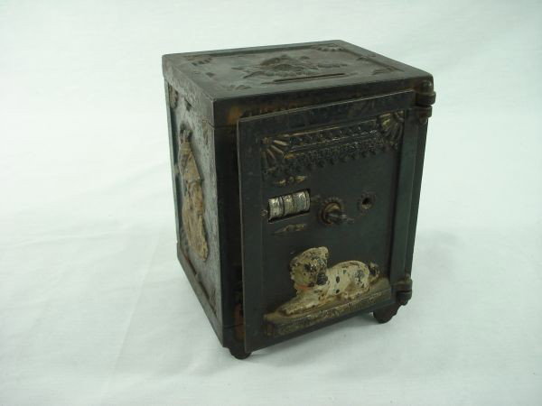 Metal Combination Safe Bank: Metal Combination Safe Bank with Dog in Relief, rusted, paint loss, combination lock works in 217 position.