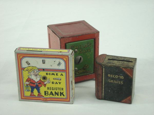 3 Vintage Banks: 3 Vintage Banks: Tin Dime A Day Register Bank; Tin Child's Safe bank; Vintage Tin Gem Razor Blade Bank "Book of Record Shaves"