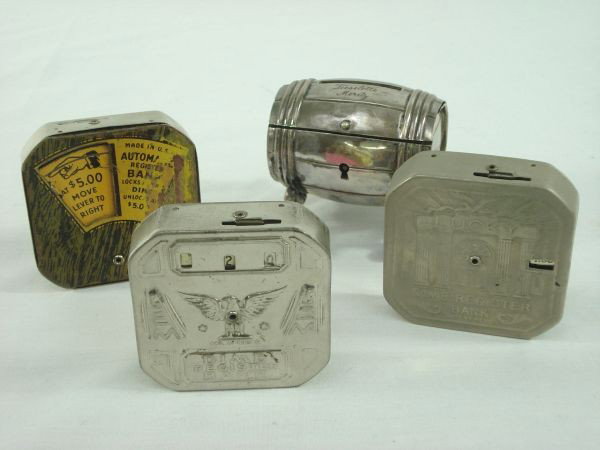 4 Banks: 4 Banks: (3) Lucky Dime Register Banks, One with Coin Counter, Two with Money Counter; Barrell Bank with Lieselott Moritz engraved, lock no key