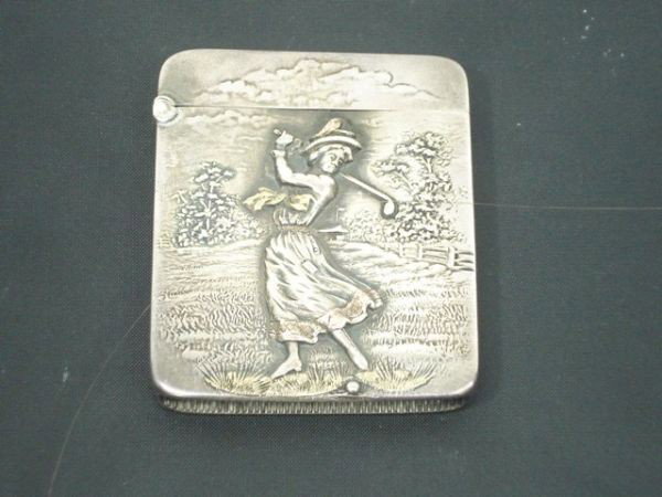 Sterling Silver Match Safe: Sterling Silver Match Safe with Lady Golfer in Relief, monogram on reverse, 1.11 Toz