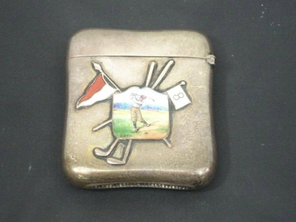 Sterling Silver Match Safe: Sterling Silver Match Safe, applied enameled golfing theme, monogram on reverse, 1.48 Toz