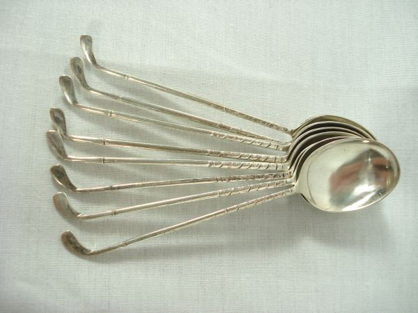 Sterling Silver Demi Golf Spoons: Sterling Silver Set of eight demitasse spoons with golf club handles, with hallmarks, 3.5"