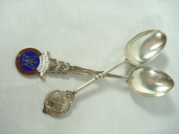 2 Sterling Souvenir Spoons, Golf-themed: 2 Sterling Souvenir Spoons, Golf-themed, with Hallmarks, one dated 1935