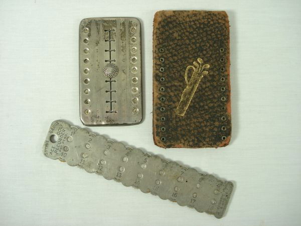 Golf Stroke Counters: 3 Vintage Golf Stroke Counters: Includes M.J.Horton & Co. Leather, Stymie Gauge Ace Golf Recorder, and 1 Sterling Silver Golf Stroke Counter