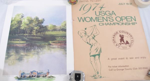 Golf Prints: 2 Golf-related Prints: Signed and numbered 253/950 printed by Tom Lynch image size 19"x14"; Poster 1974 LaGrange Womens Open Championship 23 1/2x18" small tears on edges
