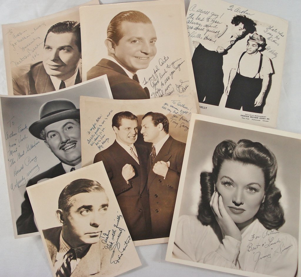 Lot of (7) Autographed Portraits: Milton Berle 1946, Joey Adams and Tony Canzoneri, Harold Peary, Ginny Simms, Eddie Cantor, Willie Howard and Al Kelly, Jackie Green 1943. These items are part of a "Celebrity Collection", which came t