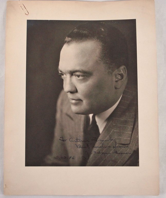 Autographed 9x11.5 J. Edgar Hoover: Signed 9x11.5 Portrait of J. Edgar Hoover dated 5/13/46, portrait size is 6-3/4" x 8-3/4". These items are part of a "Celebrity Collection", which came together during a 9-month period in 1946 when th
