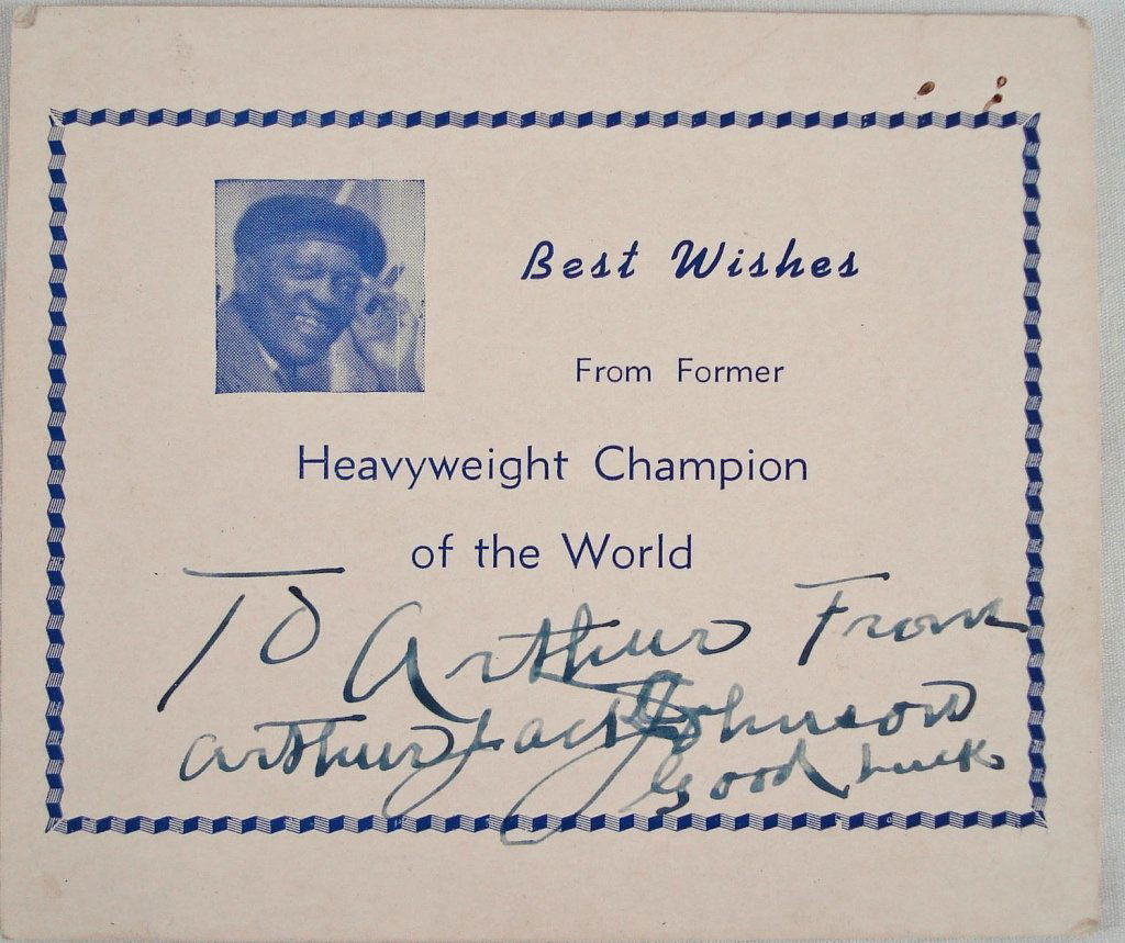 Autographed Card Arthur Jack Johnson: Signed Card from Arthur Jack Johnson as Former Heavyweight Champion of the World, card size is 4-5/8" x 4". These items are part of a "Celebrity Collection", which came together during a 9-month perio