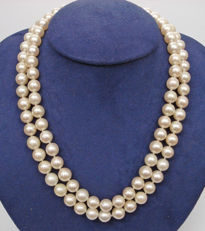 Double Strand Akoya Pearl Necklace: Choker Double Strand Akoya Pearl Necklace with Pearl Clasp. 8-8.5mm, L.17", 14K yellow gold clasp