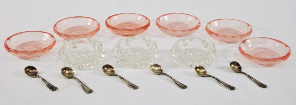 Sterling Salt Spoons with Salt Cellars: 6 Sterling Reed & Barton Salt Spoons "Hepplewhite" with 6 Rose-colored glass Salt Cellars and 3 Clear Crystal Hexagonal-shaped Salt Cellars