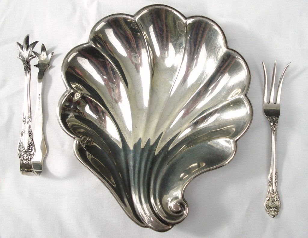 3 Pcs. Assorted Sterling Silver: 3 Pcs. Assorted Sterling Silver: Scalloped tray, 6-1/2" x 5-1/2", by Frank W. Smith Silver Co. Inc.; lemon fork by Gorham; tongs by Alvin, total 3.9 Toz