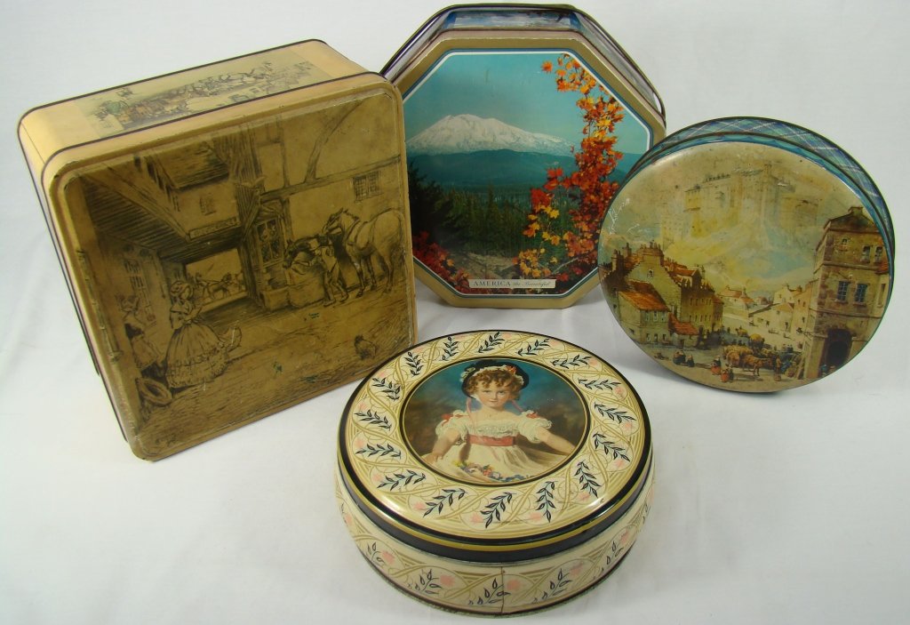 4 Biscuit Tins: 4 Biscuit Tins: Peek Frean and Co; Huntley and Palmers; A. Scribbans-Kemp; Sunshine Biscuits