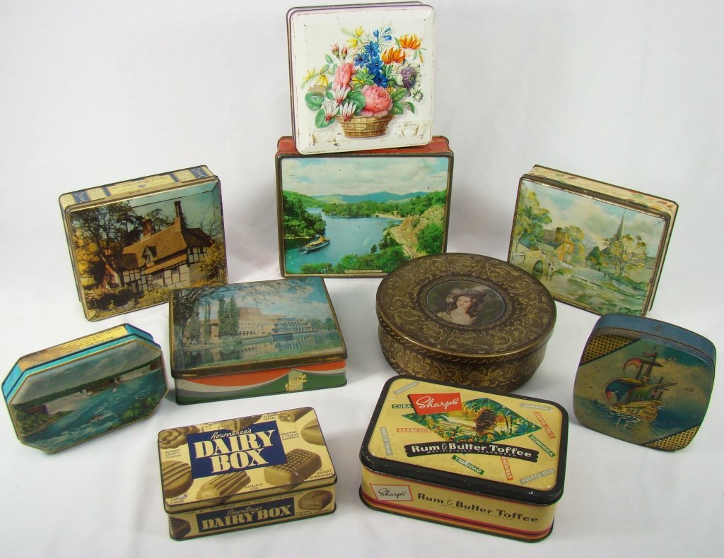 10 Assorted Tins: 10 Assorted Tins: McVitie & Price; Rowntree's; George W. Horner and Co (2); Edward Sharp and Sons (4); Huntley and Palmers (2)