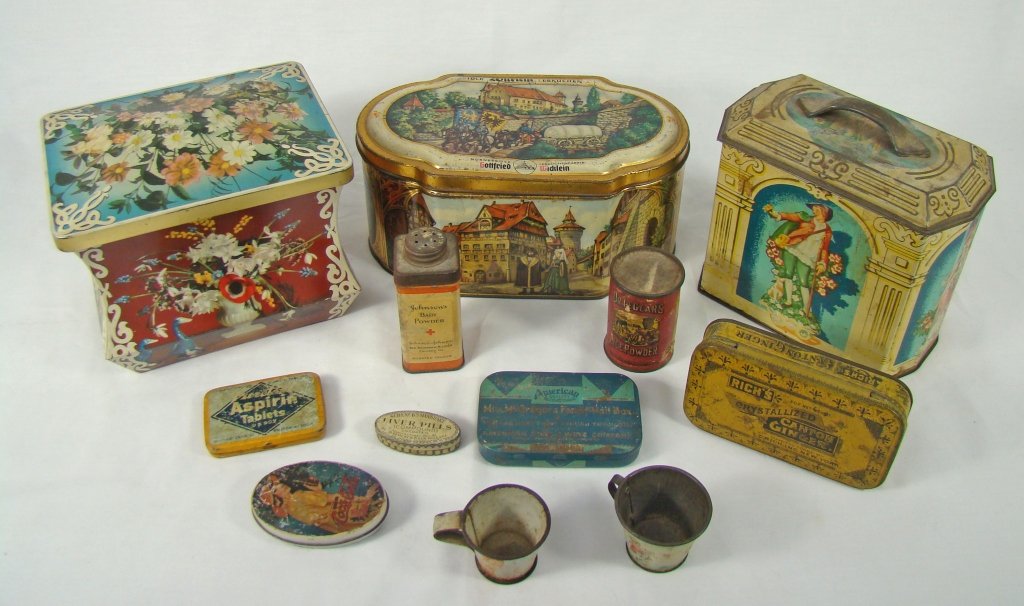 12 Assorted Tin Items: 12 Assorted Tin Items: Murray-Allen; Edward Sharp and Sons; Gottfried Wicklein; Mrs. McGregor's Family Nail Box; Schenck's Mandrake Liver Pills; Aspirin Box; Coca-Cola; Rich's Ginger; Doctor LeGear's 