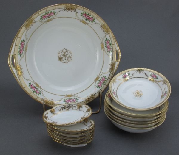 Nippon Berry Bowl Set and Nut Dishes: Green Mark Nippon, Hand-painted Berry Bowl set and Nut Dishes: Berry Bowl Set, cream-colored with hand-painted pink roses and green leaves, raised gold floral design and accents, 1 Large Bowl, Dia.9-1