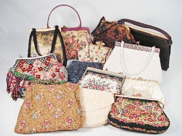 13 Vintage and Designer Quality Handbags: Assortment of 13 Vintage and Fine Designer Quality Handbags, some beaded, some needlepoint, some satin.