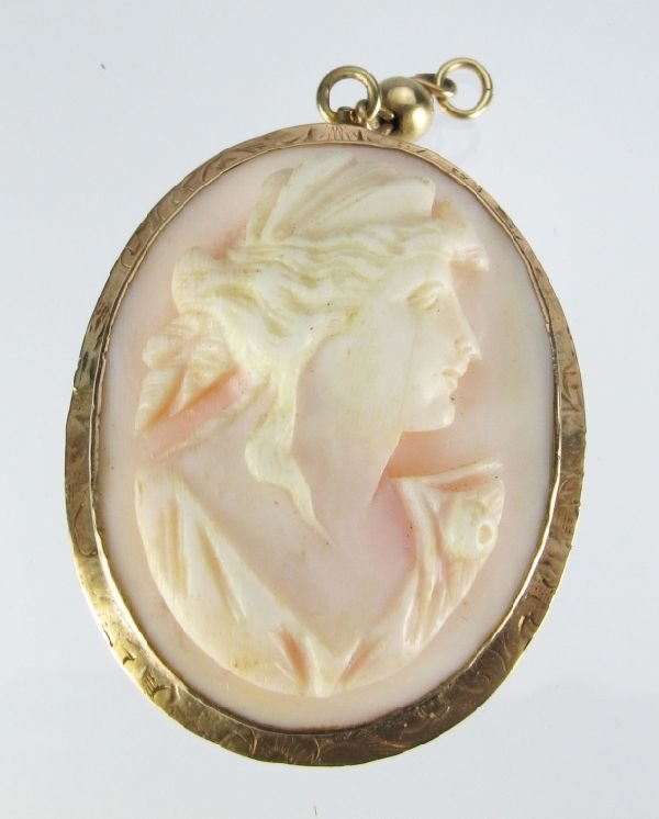 Pink Shell Carved Cameo Brooch/Pendant: Pink Shell Carved Cameo Brooch/Pendant, 10K yellow gold, right facing carving of Victorian woman, brooch measures 1-1/2" x 1-1/4".