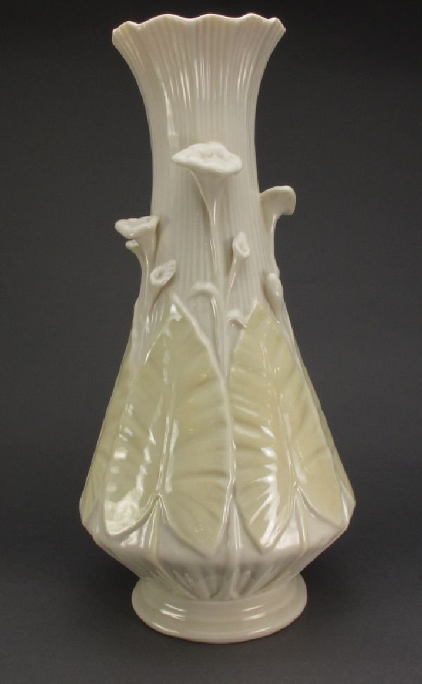 Belleek Leaf and Calla Lily Vase: Belleek Fine Parian China Nile Vase with Leaf and Calla Lily, yellow Cobb lustre, seventh (gold) mark (1981-92), good condition with no chips or repairs, H.13"