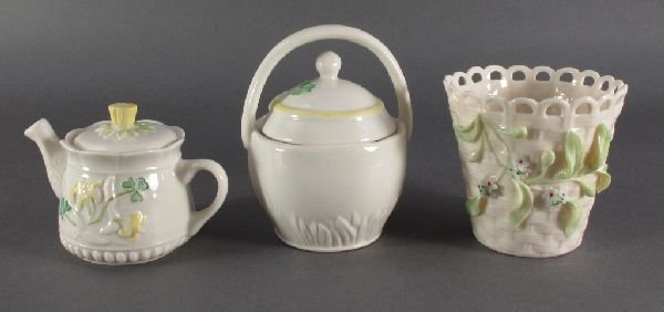 3 Pieces Belleek China: Teapot, Bowl, Spill Vase: 3 Pieces Belleek Fine Parian China: Mini Teapot "Spring Lily" with original box, eleventh (green) mark (2001-present), H.2-3/4"; Bowl with handle and lid, eleventh (green) mark, H.4-1/4"; Basketweave 