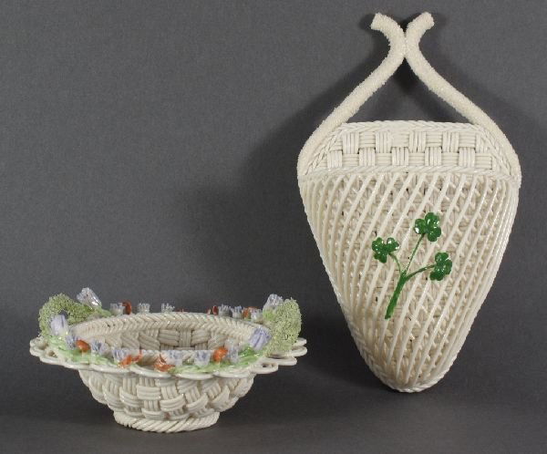 2 Pieces Belleek China Basketweave: 2 Pieces Belleek Fine Parian China: Basketweave Wall Basket with applied shamrocks, eighth (blue) mark (1993-98), H.7-1/2", W. 4-3/8" (small blemish near top of basketweave, see pictures); Small Round