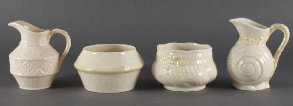 4 Pieces Belleek China Sugars and Creamers: 4 PIeces Belleek Fine Parian China: "Cleary" Creamer, second (green) mark (1955-65), H.3-1/2"; "Cleary" Sugar Bowl, third (green) mark (1965-81), H.2-1/8", "Toy Shell Yellow" Creamer, third (green) ma