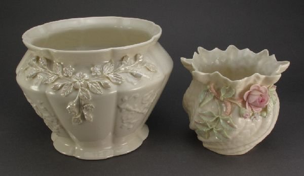2 Pieces Belleek China Flower Pots: 2 Pieces Belleek Fine Parian China: Flower Pot with applied roses on front and applied shamrock on reverse, second (green) mark (1955-65), H.4-1/4"; Large Vase or Flower Pot with applied cream-colored