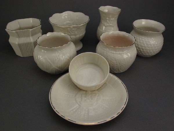 8 Pcs Assorted China "Belleek Collectors Society": 8 Pieces of Assorted Belleek Fine Parian China all marked "Belleek Collectors Society", 5 Pots are all approx. 3" in height, Vase is 4" in height, Plate is 5-3/8" in diameter, Bowl is 3" diameter and 