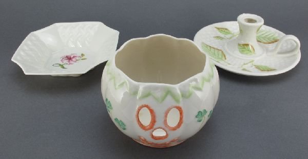 3 Pieces Belleek China: Candle Holders, Dish: 3 Pieces Belleek Fine Parian China: Pumpkin Votive Holder, eleventh (green) mark (2001-present), H.3-1/2", comes with original box; Candlestick Dish with leaf design, green "Belleek in Retrospect 2002