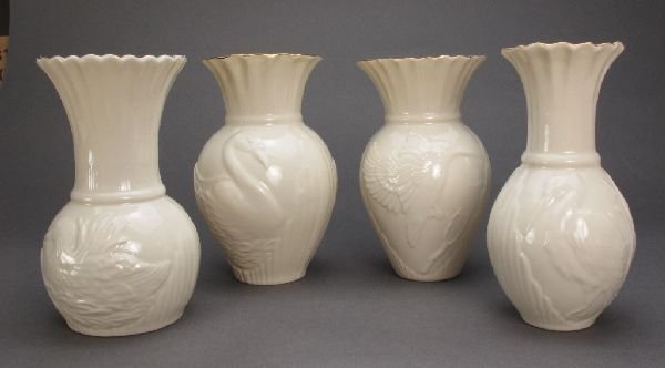 4 Pieces Belleek China Flower Vases: 4 Pieces Belleek Parian China Flower Vases, marked "Belleek Collectors Society", rimmed with gold, each has a different bird design, H.5-1/4"; all in good condition with no chips or repairs