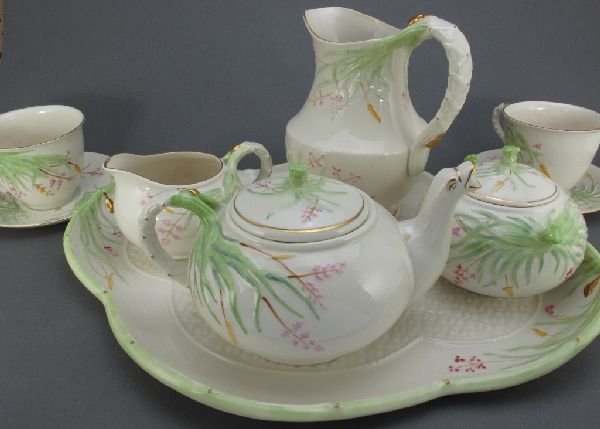 Belleek China "Grass" Full Tea Service with Tray: Belleek Fine Parian China Full Tea Service Set with Cups and Saucers, "Grass" Pattern, all marked "Belleek Collectors Society", Teapot H.4-1/2", Creamer H.3-1/4", Sugar H.4-1/2", Pitcher H.7", Tray 16