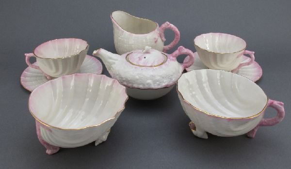Belleek China "Neptune" Tea Set: Belleek Fine Parian China Tea Set in "Neptune" pattern, Teapot H.3-1/4", Sugar H.4", Creamer 2-1/4", 2 Teacups Dia.3-3/4", 2 Saucers Dia.5-3/4", 1 Large Cup Dia.4-1/2", see pictures for marks; all in