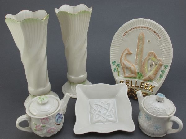 Belleek China 6 Assorted Pieces: 6 Assorted Belleek Fine Parian China: 2 Matching Tall Vases with green accents around top and base, gold trim, H.8, marked "Belleek Collectors Society"; Square Pin Tray, 4-1/4" x 4-1/4", marked "Belle