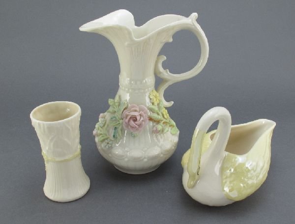 3 Pieces Belleek China: 2 Vases, Creamer: 3 Pieces Belleek Fine Parian China: Aberdeen Vase with Applied Flowers, seventh (gold) mark (1981-92), H.7-1/4"; Yellow Swan Creamer with Cobb lustre finish, seventh gold mark, H.4-1/2"; Small Bud Vas