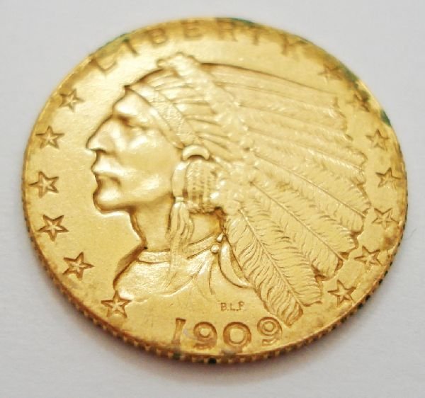 1909 $2.50 Indian Head Gold Coin marked "BLP": 1909 $2.50 Dollar Indian Head Gold Coin, marked "BLP" for Bela Lyon Pratt, the famed sculptor who designed the coin