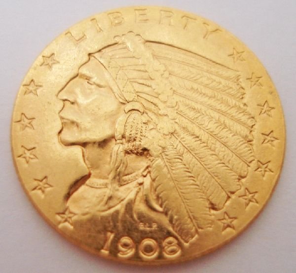 1908 $2.50 Indian Head Gold Coin, marked "BLP": 1908 $2.50 Indian Head Gold Coin, marked "BLP" for Bela Lyon Pratt, the famed sculptor who designed the coin