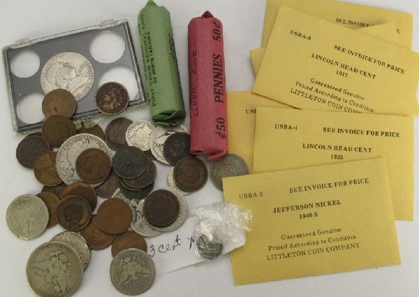 Coin Assortment: Assorted Coins including: 1 roll 90% dimes (Mercury and Roosevelt); $.03 Silver Coin; 1952 Franklin/Liberty Bells half dollar; 1946-S Nickel; 2 Buffalo Nickels, 1936, 1937; 3 Lincoln Wheat Cents, 1944
