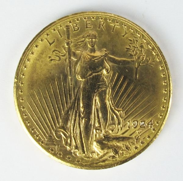 U.S. St. Gaudens $20 Dollar Gold Coin UNC 1924-P: U.S. St. Gaudens $20 Dollar Gold Coin, uncirculated, 1924-P