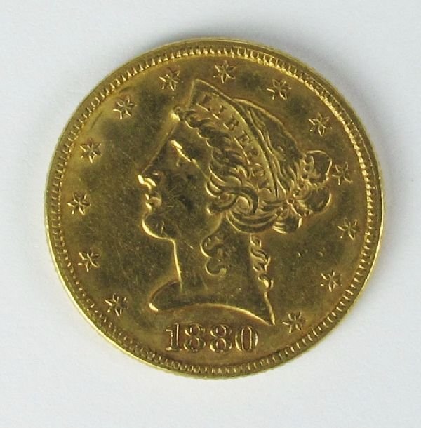 U.S. $5 Five Dollar Gold Coin 1880-P: U.S. $5 Five Dollar Gold Coin 1880-P