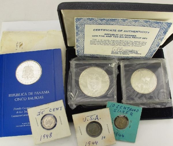 Assorted Foreign Coins, Panama Proof Set, others: Assorted Foreign Coins: Republic of Panama 1979 5 and 10 Balboa 2-coin Proof Set; Republic of Panama 5 Balboa Official 1970 Games Commemorative Coin; 1948 Netherlands 25 Cent coin; 2-1944 USA Filipina