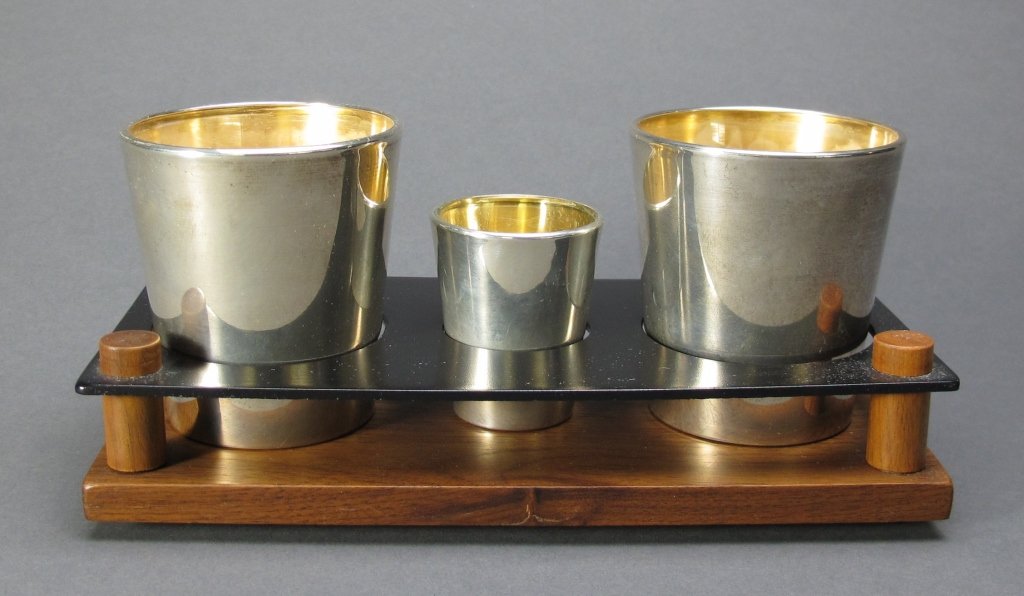 Sterling-covered Glass Cups and Shot Glass: Reed & Barton Sterling-covered Glass Cups and Shot Glass, with wooden base, Lg Cups H.3-1/4", Shot Glass H.2-1/4"