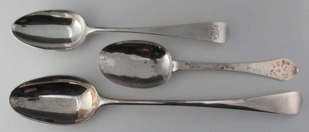 3 Antique Sterling Silver Spoons, English: 3 Antique Sterling Silver Spoons: Sterling Silver Serving Spoon, Hester Bateman, 18th-century, L. 8-1/2", monogrammed, early hallmarks, 2.19 Toz; Sterling Silver Stuffing Spoon, long handle with Engli