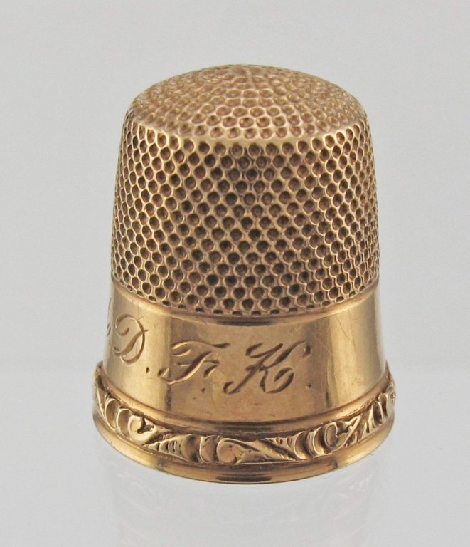 10K Yellow Gold Thimble: 10K Gold Thimble, monogrammed "M.D.F.K.", size 7, 1.7 dwt