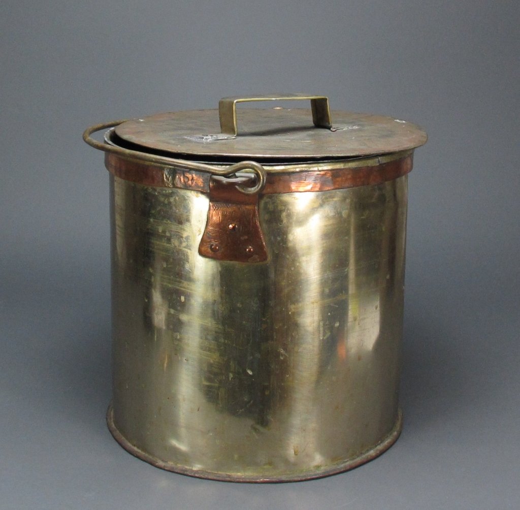 Brass Covered Pot/Pail with Copper Band: 19th C. Brass Covered Pot/Pail with Copper Band, with handle and cover, hand constructed, H. 14" (pot only), Dia. 14-3/4"