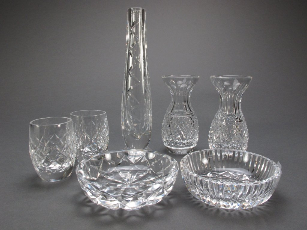7 Pieces Waterford, Vases, Shot Glasses, Nut Dish: 7 Pieces Waterford, all signed, all with no chips, cracks, or repairs: Bud Vase, H. 7"; 2 "Lismore" Shot Glasses, H. 2-3/8"; Pair Violet Vases H. 4"; 2 Nut Dishes, one is "Lismore"