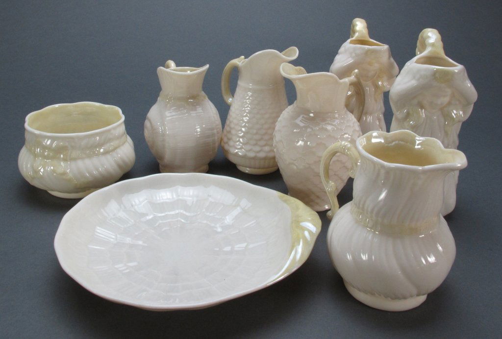 8 Pieces Belleek Fine Parian China: 8 Pieces Belleek Fine Parian China: 4 Creamers, 2 small pitchers, one sugar, one small dish, most are second green mark, other 2 are third green mark.